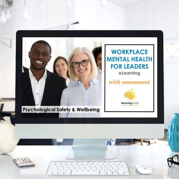 computer showing image for workplace mental health for leaders elearning course with assessments