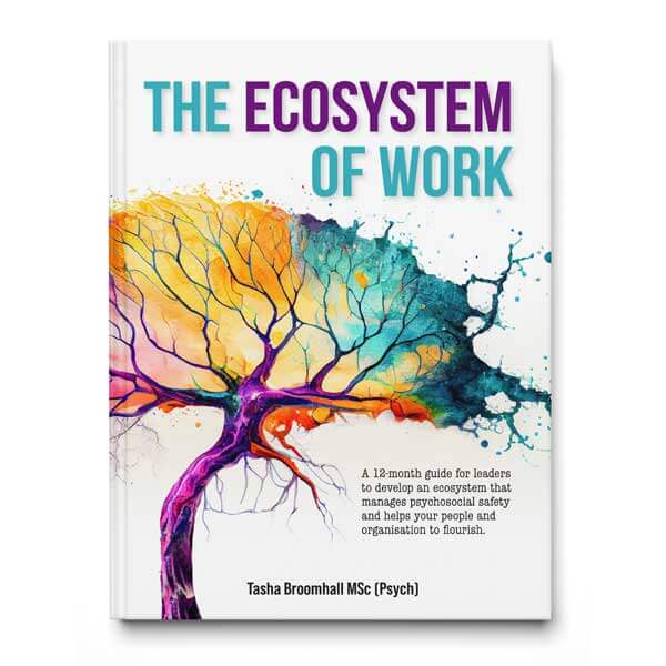 A book cover with a tree with multi colour watercolour style canopy. Title of book in The Ecosystem of Work