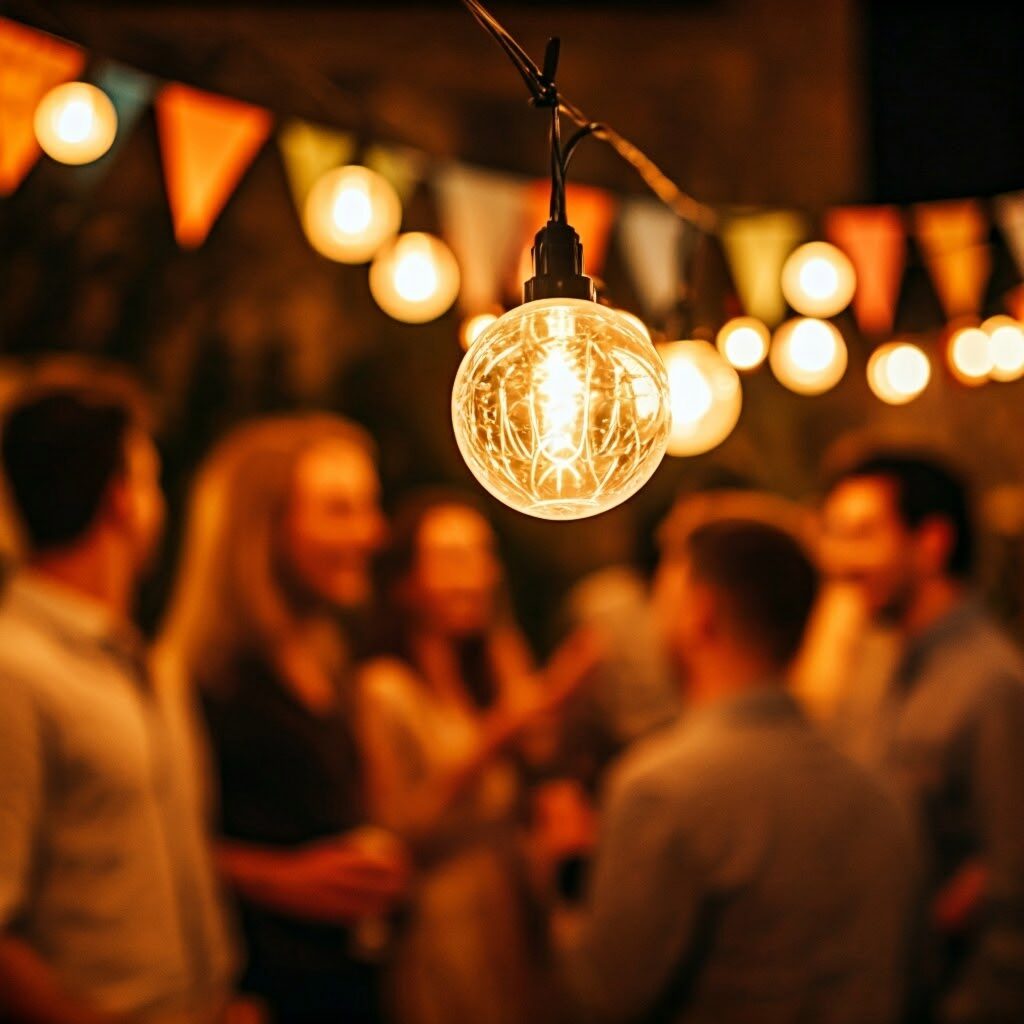 Evening party scene with people blurred and lights in focus